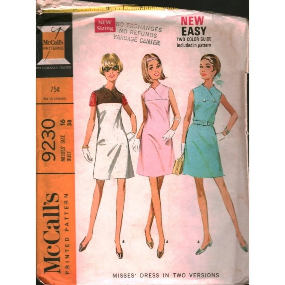 Vintage 1968 McCalls 9230 Misses Dress Sewing Pattern Size 16 Bust 38 Mod A-Line